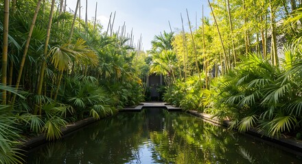 Tranquil waterside view amidst lush green foliage and bamboo trees