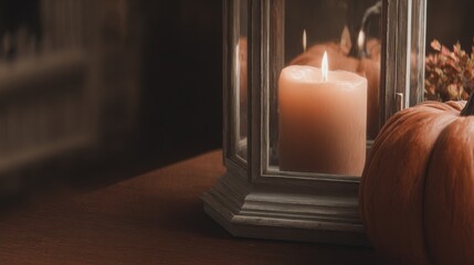 Cozy autumn scene with a glowing candle in a lantern, vibrant pumpkin, and warm wood accents creating a seasonal atmosphere