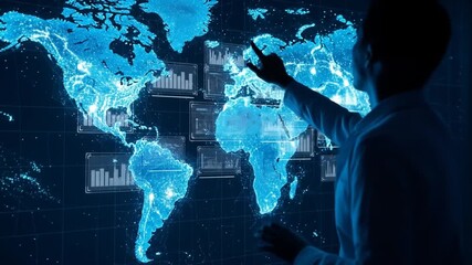 The silhouette of a person pointing towards a holographic world map, emphasizing global business analytics and digital technology for insightful international communication. - Powered by Adobe