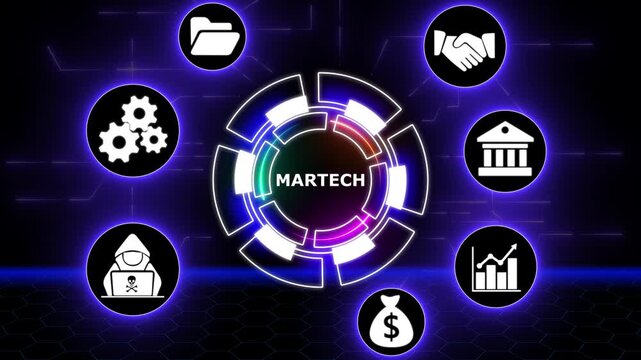 Modern martech concept with financial icons on a futuristic digital interface. Business, Technology, Internet and network concept.4k video
