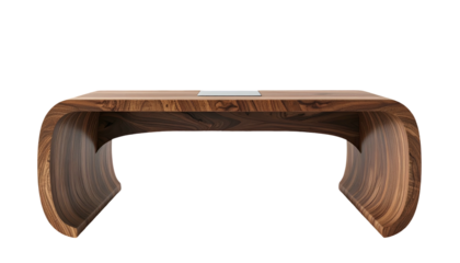 Elegant wooden desk features a curved, contemporary design with warm brown tones, placed against a stark black backdrop, showcasing intricate wood grain patterns.