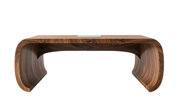 Elegant wooden desk features a curved, contemporary design with warm brown tones, placed against a stark black backdrop, showcasing intricate wood grain patterns.
