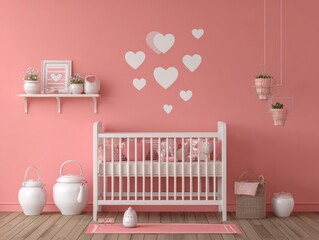 Cozy pink nursery with white crib, decorations & hearts on wall. Wooden floor