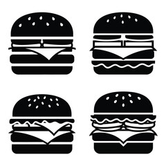 Diverse burger icons set featuring classic american fast food options for menus and designs silhouette
