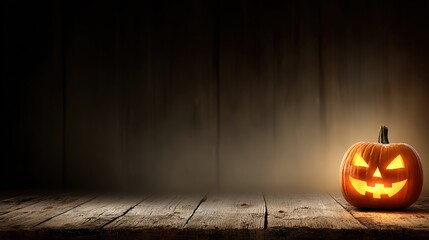 Spooky Halloween Pumpkin with Jack-O-Lantern Face Illuminated Against Dark Wall Background for Seasonal Festivities