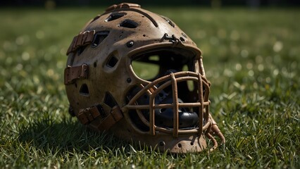 Baseball catcher helmet on field Close-up photo of a protective catcher helmet placed on the baseball field grass.
