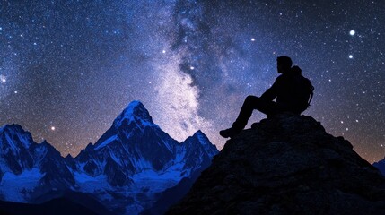 Fototapeta premium Silhouetted figure sits atop a mountain peak, gazing at a night sky ablaze with stars and the Milky Way. Vast, snow-capped mountains rise behind