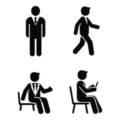 Set of business people icons standing walking sitting working with devices and gesturing in black and white silhouette