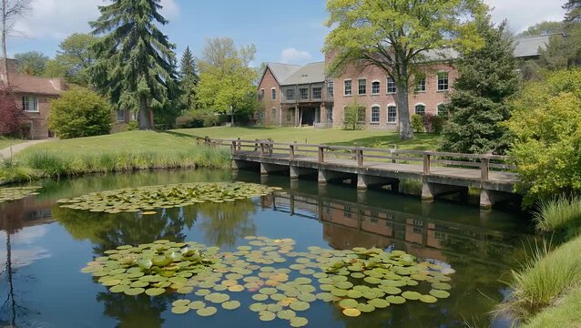 Secluded Verdant Sanctuary Featuring Picturesque Pool with Traditionally Constructed Edifice lovely natural scene with tranquil pond enveloped by rich vegetation, old brick structure provides backdro