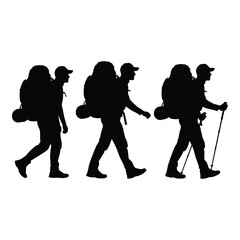 Silhouettes of hikers with backpacks and trekking poles showing progression and outdoor adventure silhouette