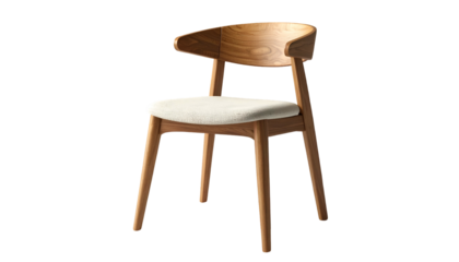 Elegant wooden chair with a curved backrest and comfortable cushioned seat stands isolated against a black background, showcasing minimalist design.
