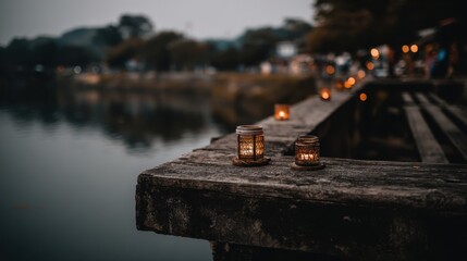 Tranquil Evening by the Water with Glowing Lanterns and Soft Reflections in a Peaceful Outdoor Setting