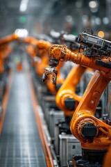Orange robotic arms on a production line