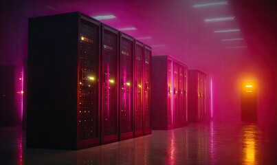 Server room lit by vibrant neon