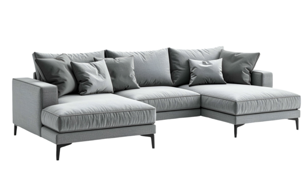 Modern sectional sofa with a chaise lounge and numerous soft gray pillows sits against a black background, showcasing comfort and relaxation in an elegant interior.