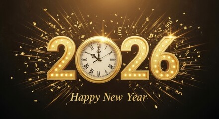 Fototapeta premium Golden 2026 numerals with a clock face and celebratory fireworks marking the new year
