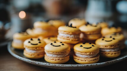 Delightful Yellow Macarons with Happy Face Designs on Elegant Plate Surrounded by Soft Lighting