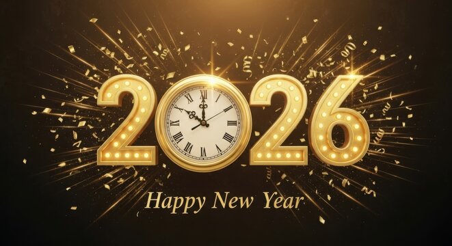 Golden 2026 numerals with a clock face and celebratory fireworks marking the new year