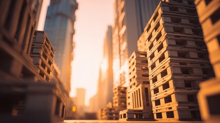 Urban Landscape with Wooden Pallets in Warm Sunset Light Enhancing City Architecture and Industrial Aesthetics