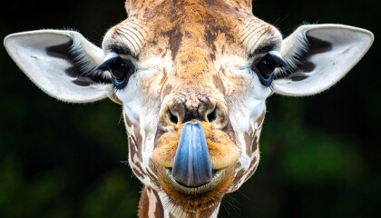 Close-up of a giraffe with its blue tongue out