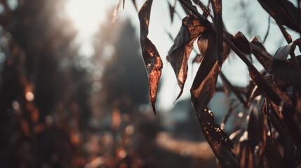 Close-up of Dried Corn Leaves with Sunlight Glinting in Soft Focus During Autumn Season in Rural Landscape