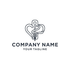A monoline logo design combining a medical cross, a heart, and the Rod of Asclepius symbol for a healthcare company.