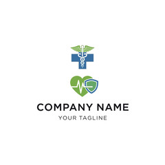 Medical logo design featuring a blue cross with a caduceus and a green heart with a shield, representing healthcare and protection.