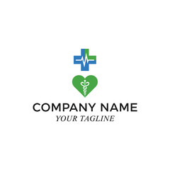 Obraz premium Medical logo featuring a blue cross with a heartbeat line and a green heart with a caduceus symbol, above company name and tagline text.