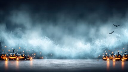 Spooky Halloween Scene with Glowing Jack-O-Lanterns, Fog, and Bats for Festive Atmosphere and Creative Celebrations