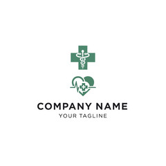 Obraz premium Medical logo design featuring a green cross with a caduceus and a heart shape with an EKG line and cross.