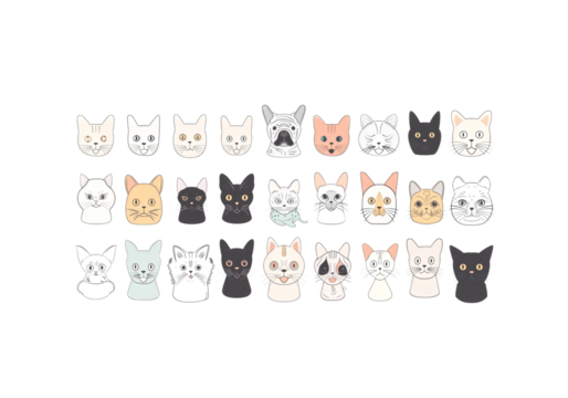 set of minimal line art cats and dogs, clean thin outlines, blac