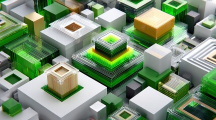 Geometric abstract composition features a complex arrangement of cubic and rectangular shapes in various sizes, colors, and materials, with a focus on green, white, and gold hues against a neutral...