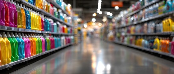 Supermarket aisle filled with colorful cleaning products