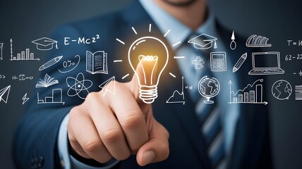 Businessman pointing at light bulb with creative science and education icons concept