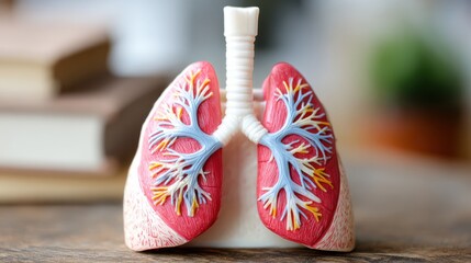 Anatomical Model of Human Lungs with Colorful Bronchial Tree Displayed on a Wooden Table Surrounded by Books