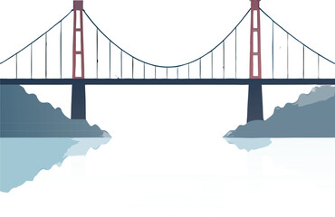 Premium flat vector depicting a graceful suspension bridge spanning a misty river at dawn, with light transit and pedestrian activity. Suitable for transport, infrastructure, travel, and editorial use
