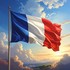 French flag waving under a sunny sky