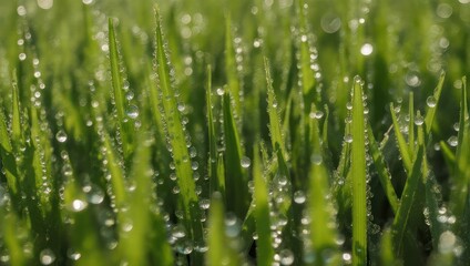 Dew-kissed blades of vibrant green grass
