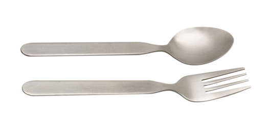 Close-up of a stainless steel fork and spoon placed side by side, isolated on white background, symbolizing dining and kitchen utensils