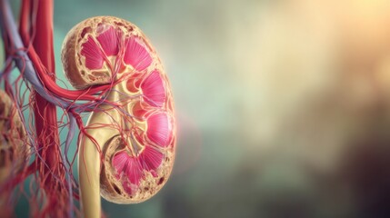 Anatomical Illustration of Human Kidney With Blood Vessels in Detail and Vivid Colors for Medical Educational Purposes