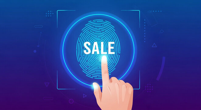 Fingerprint scan with sale text on digital interface, representing secure access and promotional offer in a modern technology concept
