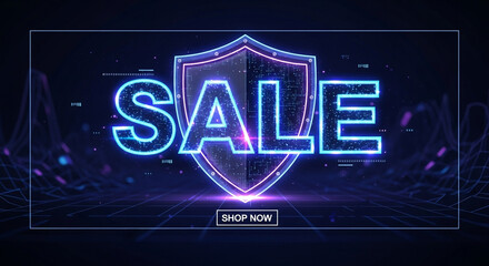Futuristic sale banner with shield and neon text effect, glowing digital promotion for online shop, cybersecurity sale event