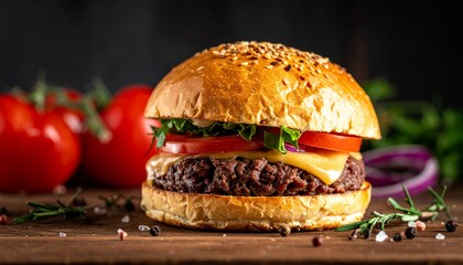 Delicious and juicy plant-based burger with fresh toppings on a rustic wooden table