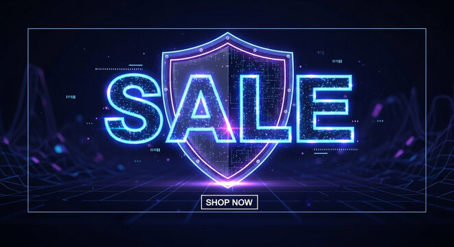 Futuristic sale banner with shield and neon text effect, glowing digital promotion for online shop, cybersecurity sale event