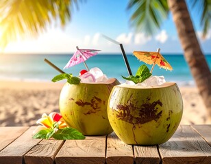 Tropical coconut cocktails on a beach