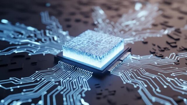 Illuminated Microchip Central Processing Unit with Glowing Circuits Animation