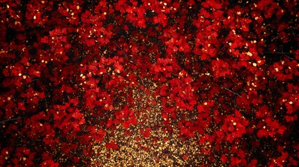 A crimson autumn forest canopy viewed from above with golden leaf litter below 
