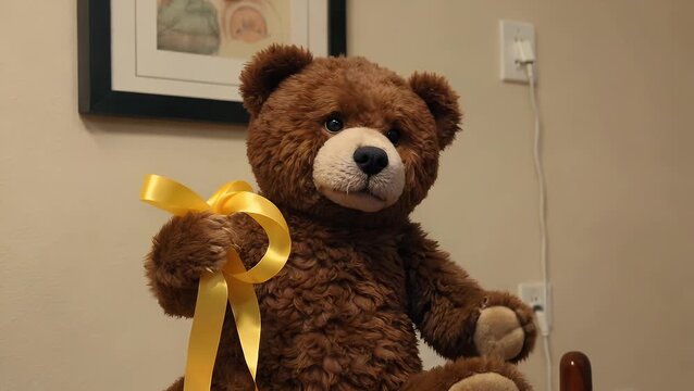 plush brown bear toy clutches in its limb golden colored band shaped into circle, representing the campaign opposing pediatric oncology. The issue of self-inflicted death and its deterrence affection