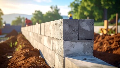 Close-up view of a newly constructed concrete block wall, showcasing the masonry work in progress with robust grey blocks forming a sturdy structure in an outdoor setting under natural light