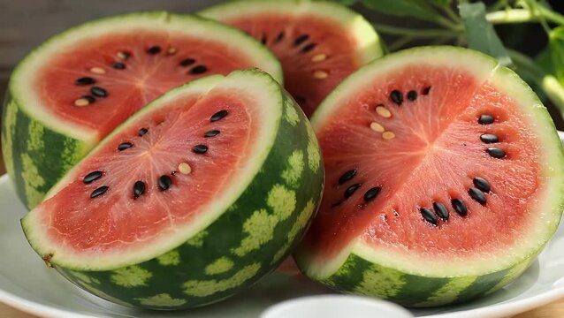 Sections of mature crimson watermelon fruit. Background and surface pattern consisting of the fruit